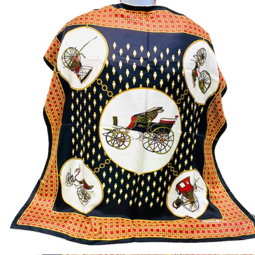 CELINE Paris 100% Silk Satin Scarf 34" beige black gold carriage France  Made(60 - Picture 3 of 14